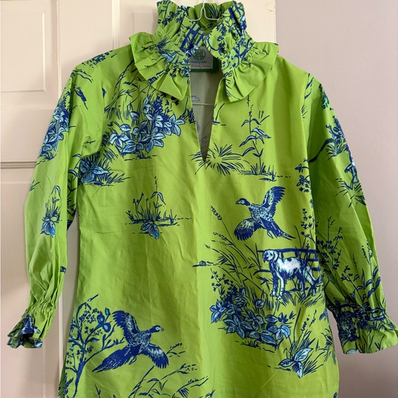 House Of Mbr Tops - House of MBR size 0 Green Ruffled Collar Printed Blouse